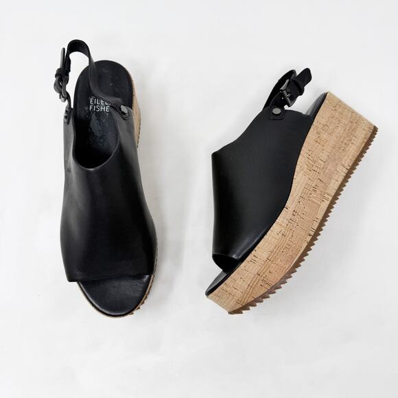 [Eileen Fisher] Black Leather Open Toe Ankle Strap Wedge Flatform Sandals Size 8 - Picture 7 of 11